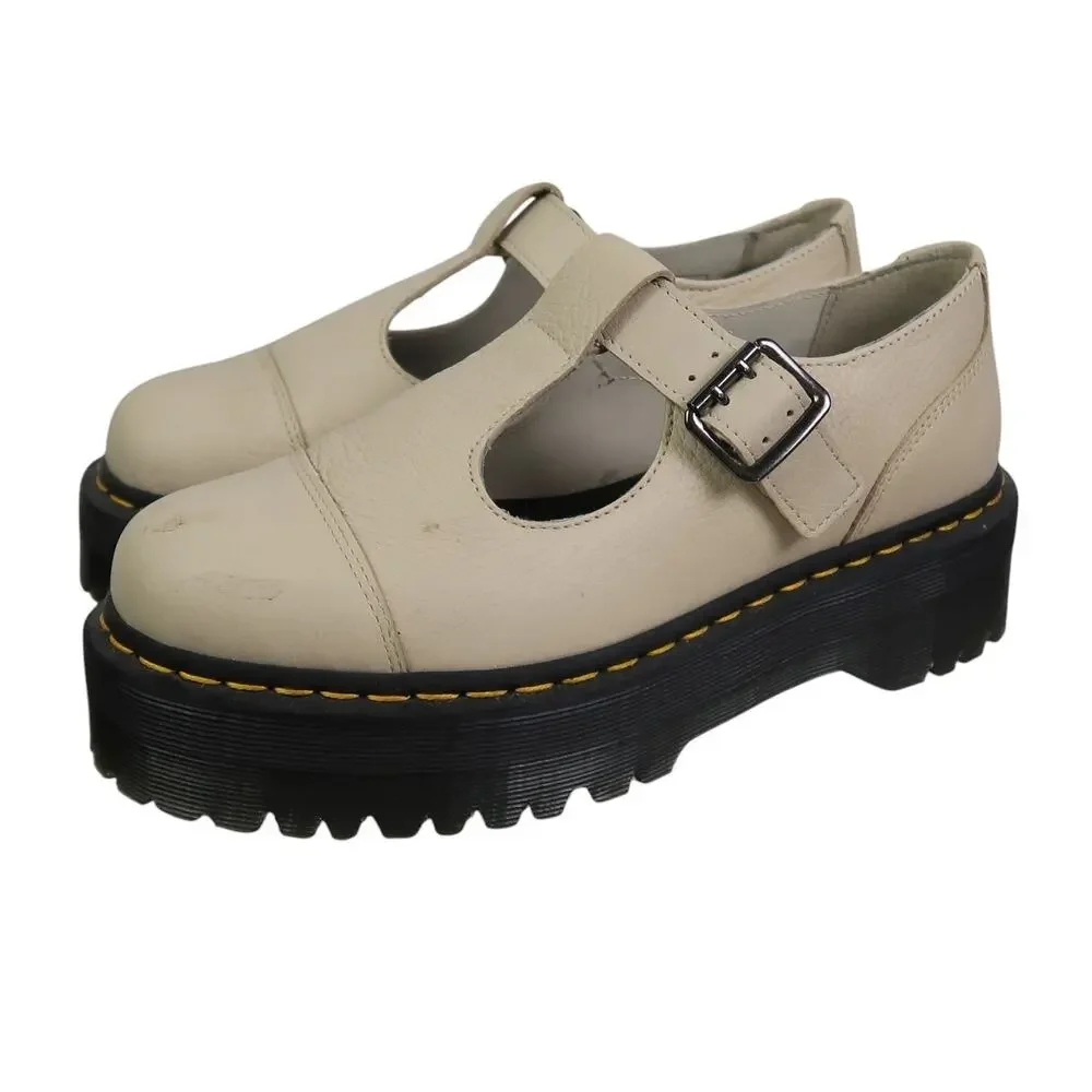 Dr. Martens Bethan Mary-Jane Beige Pisa Leather Platform Lug Sole Shoes 9